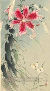 Ohara Koson Painting - lily and butterflies Ohara Koson Shin hanga